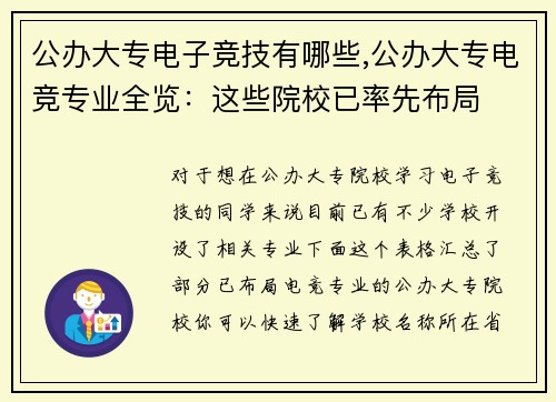 公办大专电子竞技有哪些,公办大专电竞专业全览：这些院校已率先布局